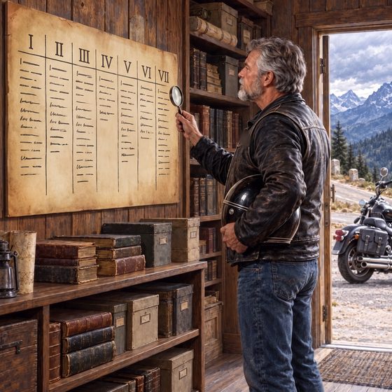 A biker with a magnifying glass studying a seven-column ledger board in a library