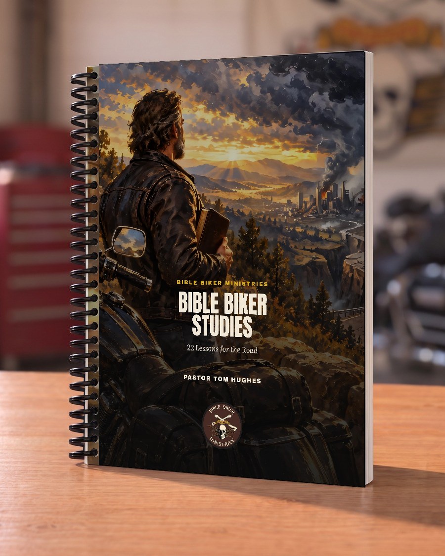 The Bible Biker Studies study book, its cover a painting of a biker holding a Bible above a winding road
