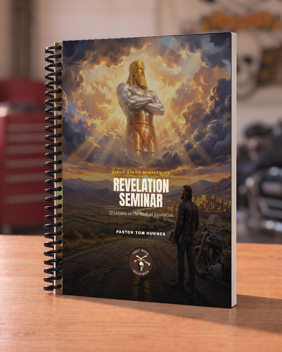 The Revelation Seminar study book, its cover a painting of a biker looking up at a golden statue in the clouds
