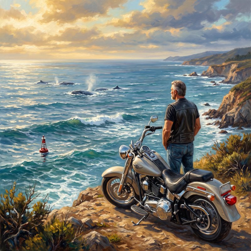 Painting of a biker at a Pacific overlook beside his motorcycle, a small buoy bobbing on the sea below