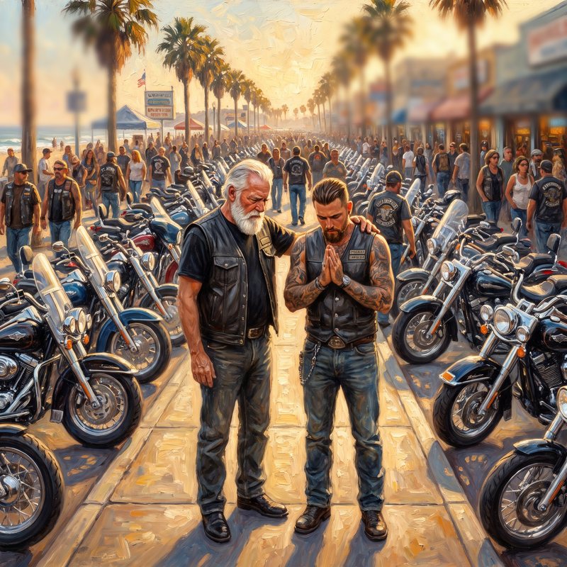 Painting of an older biker praying with a younger tattooed rider on a crowded rally street