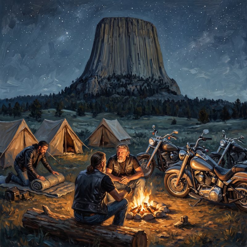 Painting of three tents and three motorcycles at a campfire below Devil's Tower at night